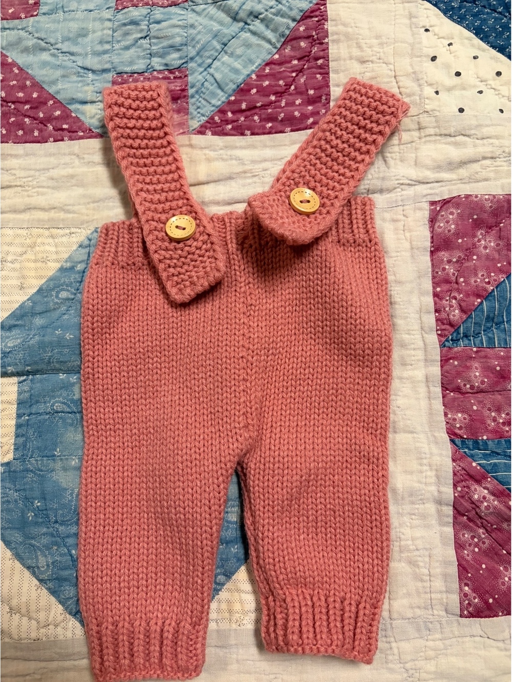 Handknit Baby Pink Knit Overalls with Wooden Buttons Size Newborn